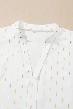 Discount Dear-Lover Foil Crescent Print Notched Neck Flounce Sleeve Blouse Beige