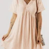 Discount Dear-Lover Folded Short Sleeve Lace V Neck Mini Dress Beige