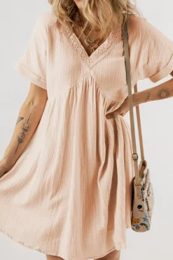 Discount Dear-Lover Folded Short Sleeve Lace V Neck Mini Dress Beige