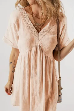 Discount Dear-Lover Folded Short Sleeve Lace V Neck Mini Dress Beige