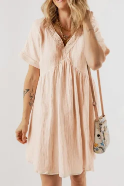 Discount Dear-Lover Folded Short Sleeve Lace V Neck Mini Dress Beige