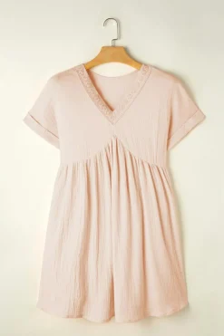 Discount Dear-Lover Folded Short Sleeve Lace V Neck Mini Dress Beige