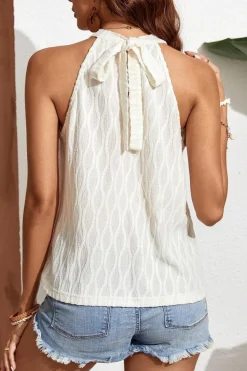 Sale Dear-Lover Frenchy Lace Trim Textured Halter Tank Top Beige