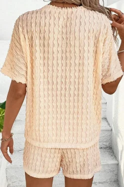 Sale Dear-Lover Frill Textured Short Sleeve Top and Drawstring Shorts Set Beige