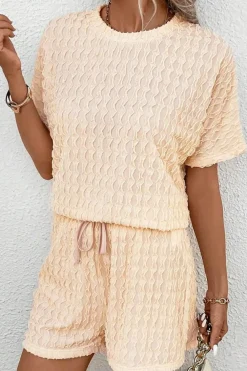 Sale Dear-Lover Frill Textured Short Sleeve Top and Drawstring Shorts Set Beige