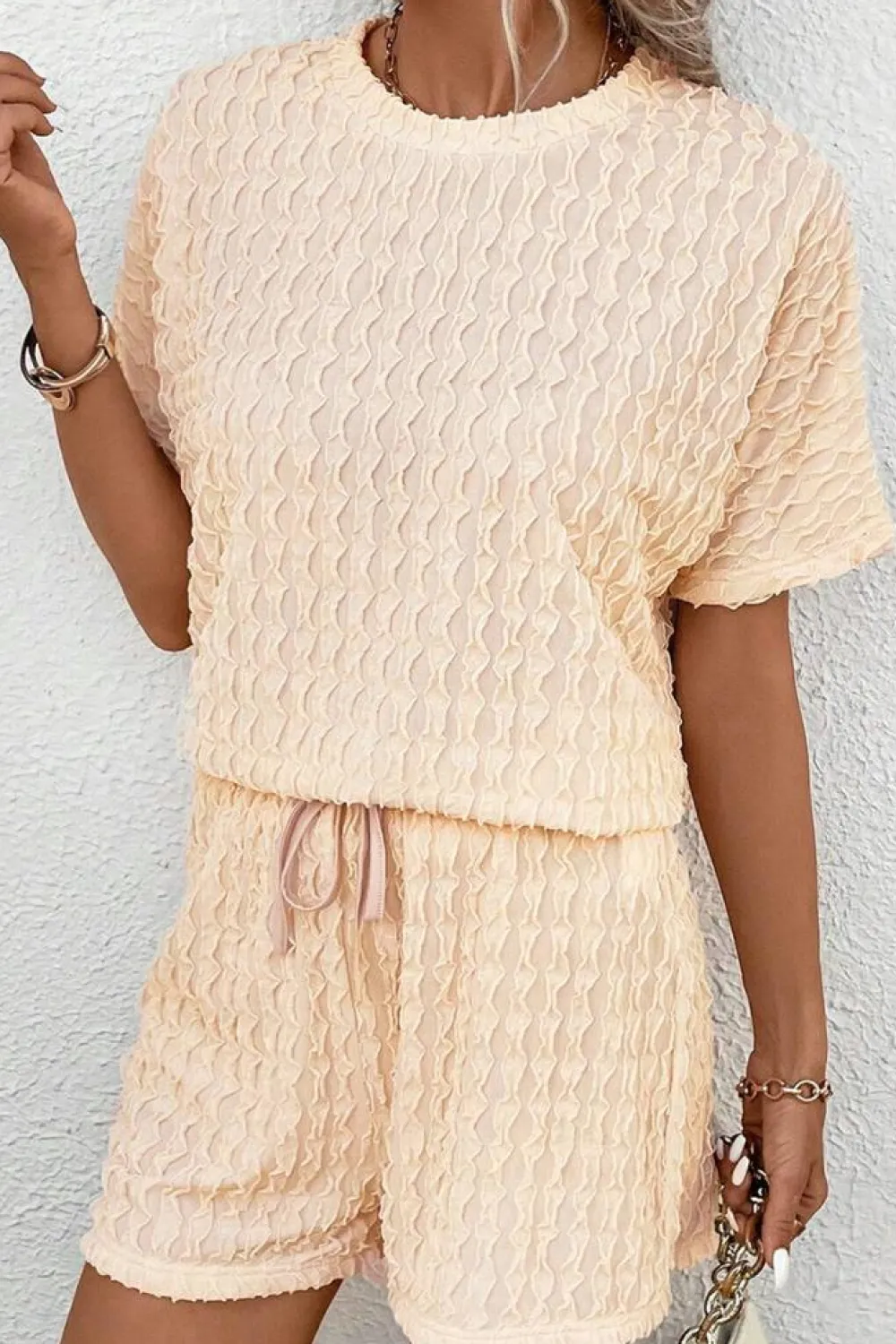Sale Dear-Lover Frill Textured Short Sleeve Top and Drawstring Shorts Set Beige