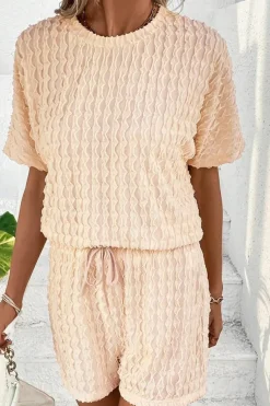 Sale Dear-Lover Frill Textured Short Sleeve Top and Drawstring Shorts Set Beige