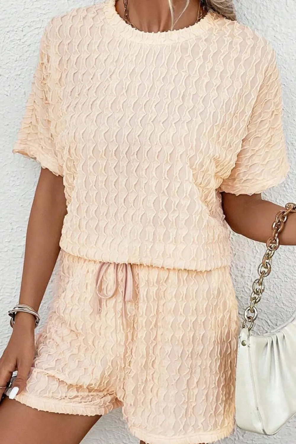 Sale Dear-Lover Frill Textured Short Sleeve Top and Drawstring Shorts Set Beige