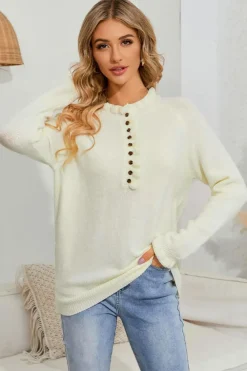 Fashion Dear-Lover Frill Trim Buttoned Knit Pullover Sweater Beige