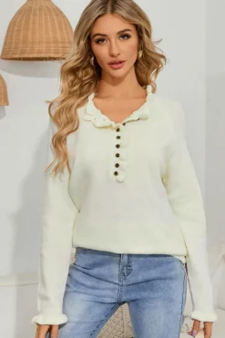 Fashion Dear-Lover Frill Trim Buttoned Knit Pullover Sweater Beige