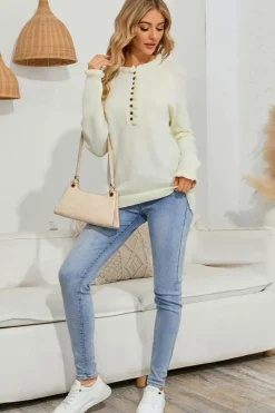 Fashion Dear-Lover Frill Trim Buttoned Knit Pullover Sweater Beige