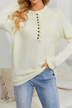 Fashion Dear-Lover Frill Trim Buttoned Knit Pullover Sweater Beige