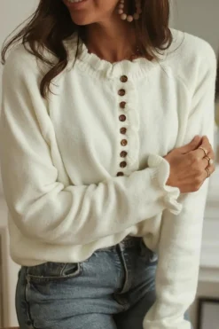 Fashion Dear-Lover Frill Trim Buttoned Knit Pullover Sweater Beige
