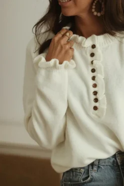 Fashion Dear-Lover Frill Trim Buttoned Knit Pullover Sweater Beige