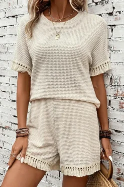 Online Dear-Lover Fringe Trim Textured Short Two Piece Set Beige