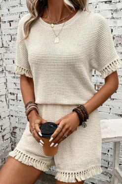 Online Dear-Lover Fringe Trim Textured Short Two Piece Set Beige