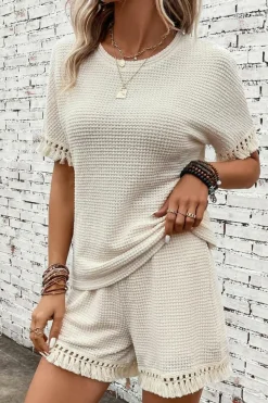 Online Dear-Lover Fringe Trim Textured Short Two Piece Set Beige