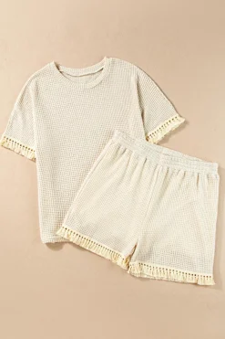 Online Dear-Lover Fringe Trim Textured Short Two Piece Set Beige