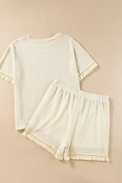 Online Dear-Lover Fringe Trim Textured Short Two Piece Set Beige