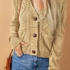 Sale Dear-Lover Front Pockets Buttons Textured Cardigan Beige