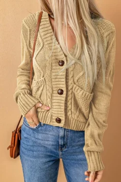 Sale Dear-Lover Front Pockets Buttons Textured Cardigan Beige