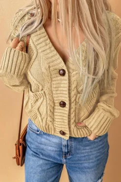 Sale Dear-Lover Front Pockets Buttons Textured Cardigan Beige