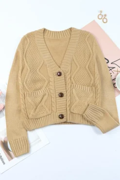 Sale Dear-Lover Front Pockets Buttons Textured Cardigan Beige