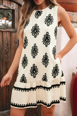 Discount Dear-Lover Geometric Printed Sleeveless Hollowed Bowknot Back Mini Dress Beige