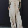 Discount Dear-Lover Beige Half Placket Chest Pockets Short Sleeve Wide Leg Jumpsuit Jet Stream
