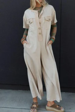 Discount Dear-Lover Beige Half Placket Chest Pockets Short Sleeve Wide Leg Jumpsuit Jet Stream