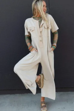 Discount Dear-Lover Beige Half Placket Chest Pockets Short Sleeve Wide Leg Jumpsuit Jet Stream