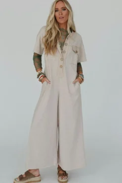 Discount Dear-Lover Beige Half Placket Chest Pockets Short Sleeve Wide Leg Jumpsuit Jet Stream