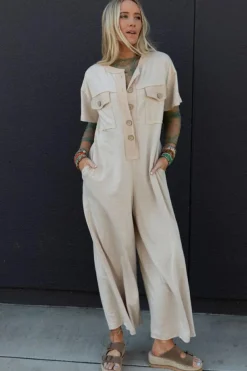 Discount Dear-Lover Beige Half Placket Chest Pockets Short Sleeve Wide Leg Jumpsuit Jet Stream