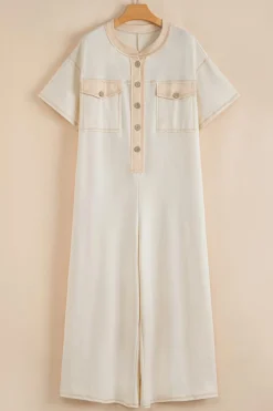 Discount Dear-Lover Beige Half Placket Chest Pockets Short Sleeve Wide Leg Jumpsuit Jet Stream
