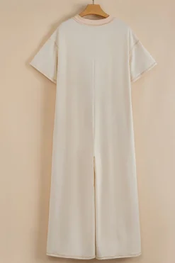 Discount Dear-Lover Beige Half Placket Chest Pockets Short Sleeve Wide Leg Jumpsuit Jet Stream