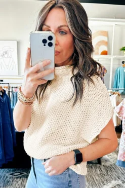 Fashion Dear-Lover High Neck Bat Short Sleeve Sweater Beige