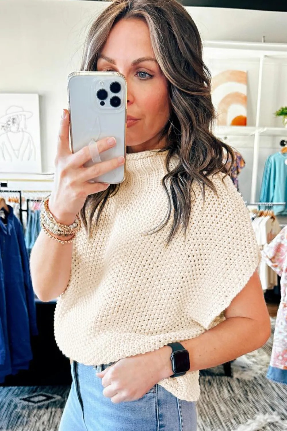 Fashion Dear-Lover High Neck Bat Short Sleeve Sweater Beige