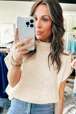 Fashion Dear-Lover High Neck Bat Short Sleeve Sweater Beige