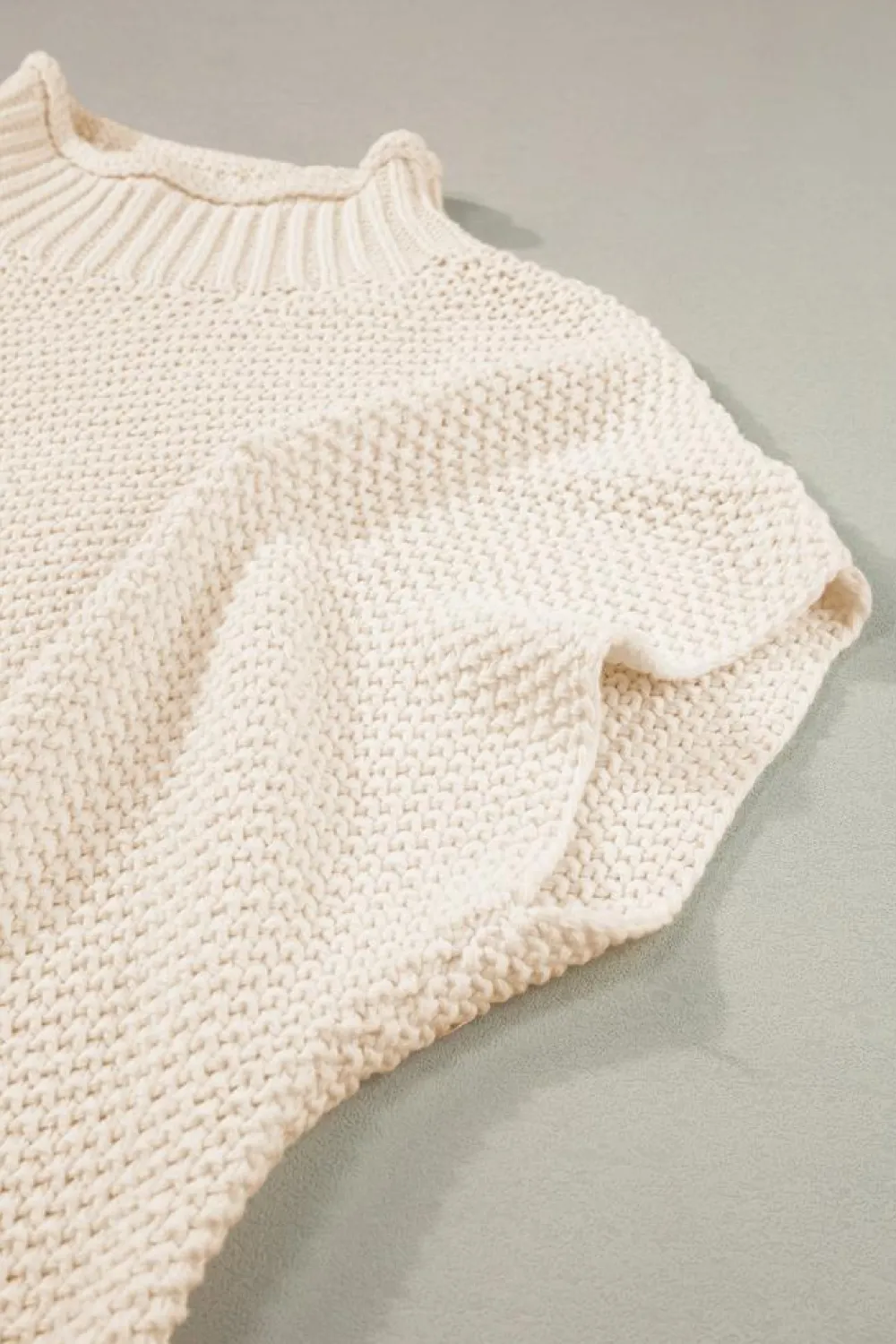 Fashion Dear-Lover High Neck Bat Short Sleeve Sweater Beige