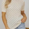 Online Dear-Lover Hollow Out Crochet O Neck Short Sleeve Sweater Tee Beige
