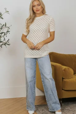 Online Dear-Lover Hollow Out Crochet O Neck Short Sleeve Sweater Tee Beige