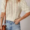 Sale Dear-Lover Hollowed Pattern Knit Short Puff Sleeve Sweater Beige