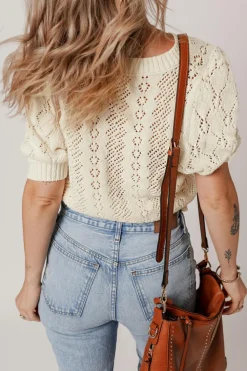 Sale Dear-Lover Hollowed Pattern Knit Short Puff Sleeve Sweater Beige