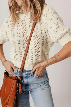 Sale Dear-Lover Hollowed Pattern Knit Short Puff Sleeve Sweater Beige