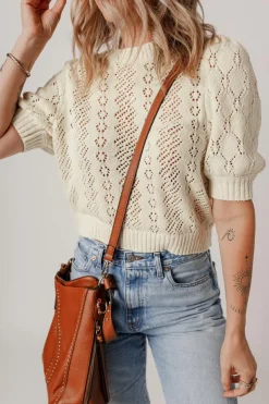 Sale Dear-Lover Hollowed Pattern Knit Short Puff Sleeve Sweater Beige