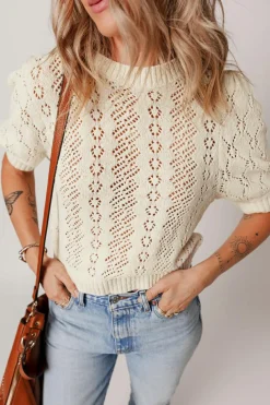 Sale Dear-Lover Hollowed Pattern Knit Short Puff Sleeve Sweater Beige