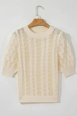 Sale Dear-Lover Hollowed Pattern Knit Short Puff Sleeve Sweater Beige
