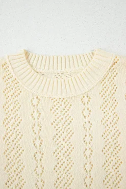 Sale Dear-Lover Hollowed Pattern Knit Short Puff Sleeve Sweater Beige