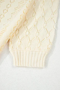 Sale Dear-Lover Hollowed Pattern Knit Short Puff Sleeve Sweater Beige