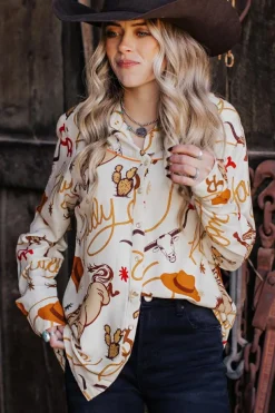 Sale Dear-Lover howdy Western Patterns Button up Loose Shirt Beige